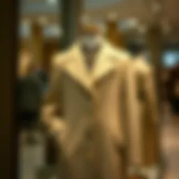 A stylish long coat displayed on a mannequin