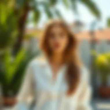 Stylish woman wearing a linen shirt in a sunny outdoor setting