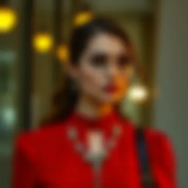 Elegant red evening blouse styled with accessories