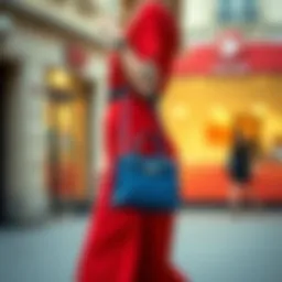 Stylish red dress with a blue handbag