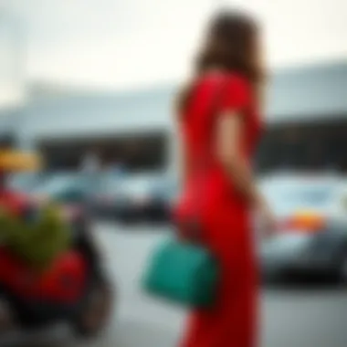 Red Dress with Green Handbag Fashionable red dress featuring a green handbag