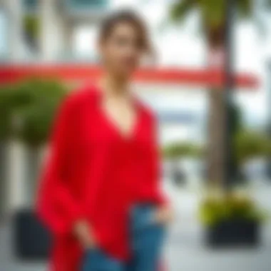 Fashionable red chiffon tunic paired with trendy bottoms