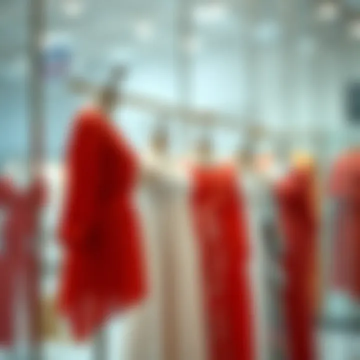 Different styles of red chiffon tunics on display