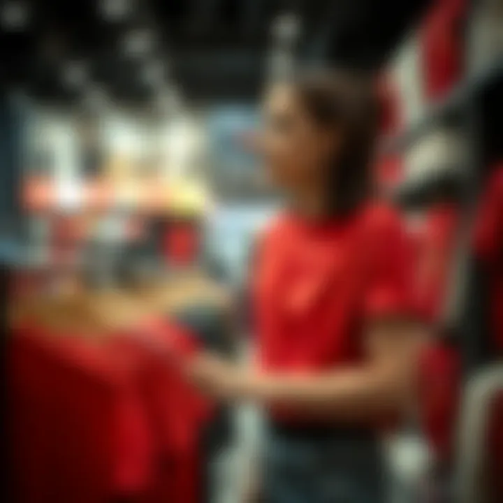 Shopping for red t-shirts in a vibrant retail environment