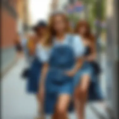 Diverse Outfits with Denim Skirts Various outfits featuring denim skirts in different styles