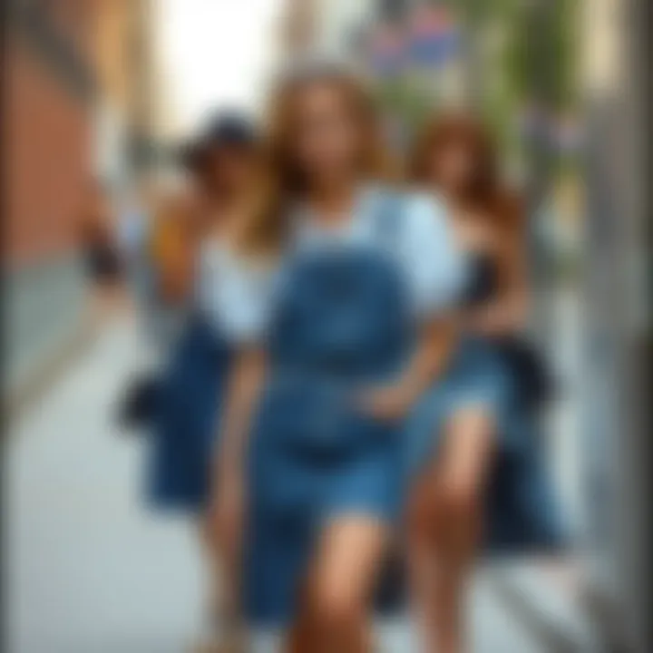 Diverse Outfits with Denim Skirts Various outfits featuring denim skirts in different styles