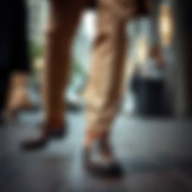 Sophisticated look combining dark beige trousers with stylish footwear