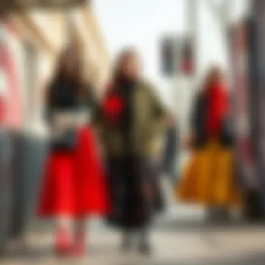 A seasonal fashion display featuring krep skirts styled for different weather conditions