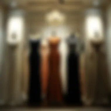 An elegant evening gown display with varying fabric types and styles.