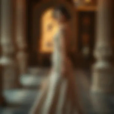 Elegant long train evening gown showcasing intricate lace details