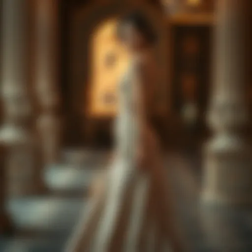 Elegant long train evening gown showcasing intricate lace details