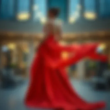 Modern silhouette evening dress with a flowing train in a vibrant color