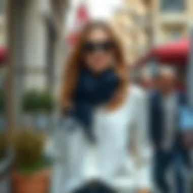 Chic daytime look featuring a navy shawl in a casual setting