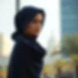 Elegant navy shawl draped over a stylish outfit