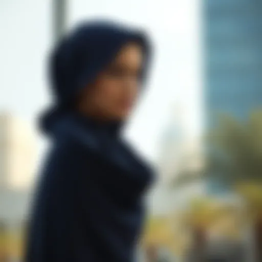 Elegant navy shawl draped over a stylish outfit