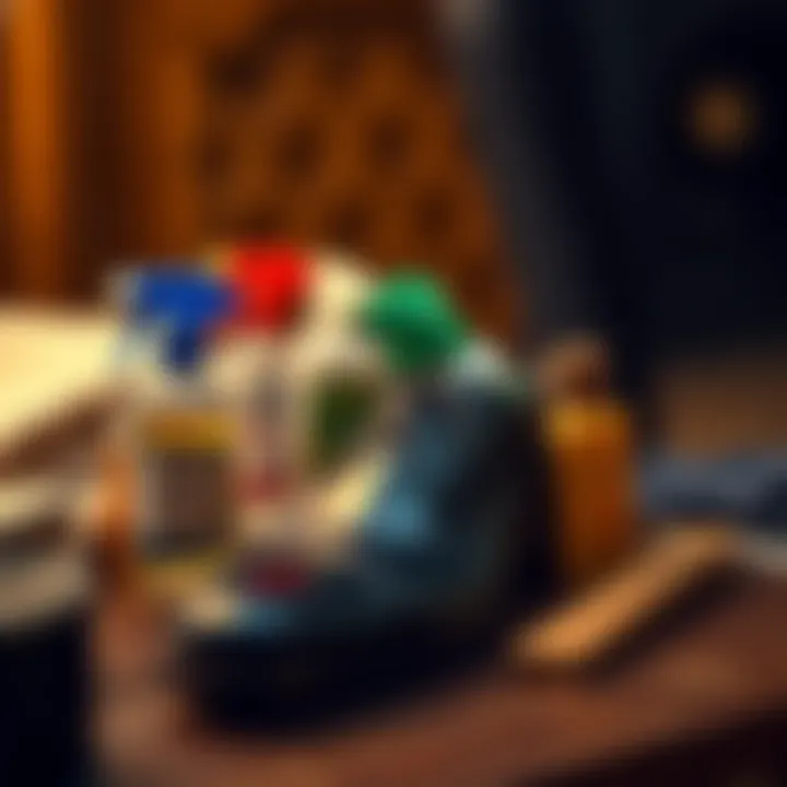 Maintenance tips for navy blue shoes displayed with cleaning products