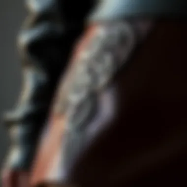 Close-up of intricate design details on a leather skirt.