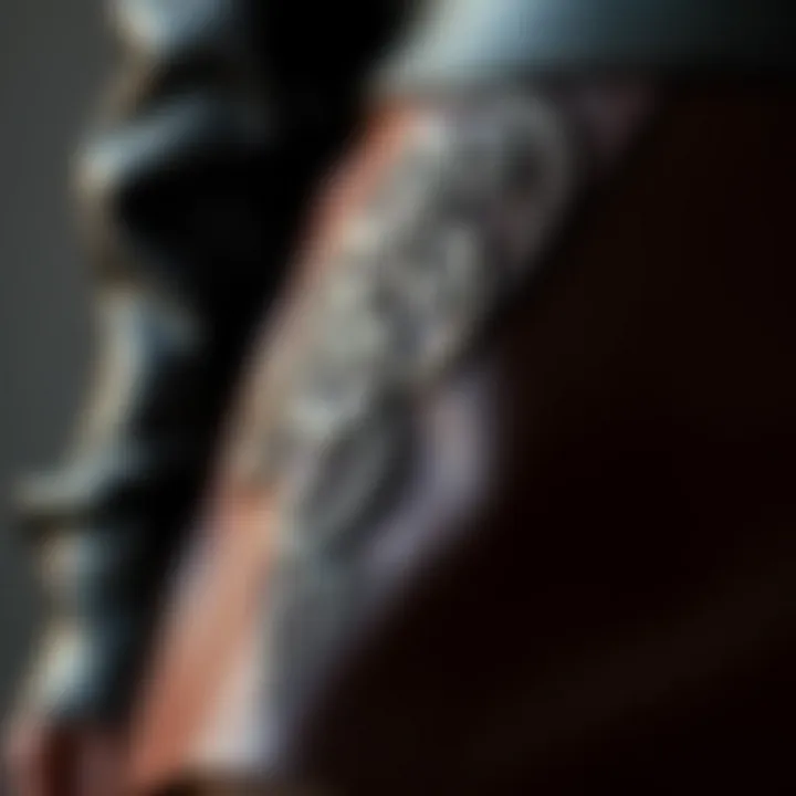 Close-up of intricate design details on a leather skirt.