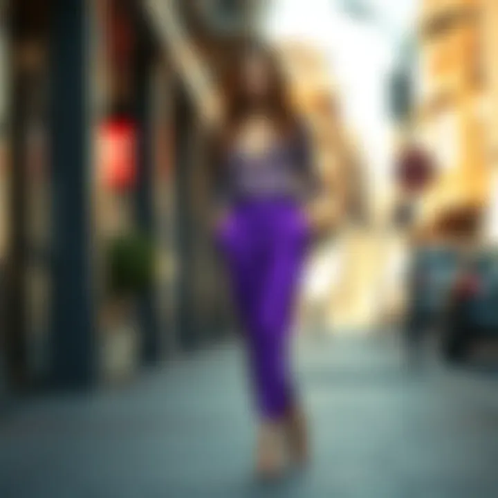 Elegant purple trousers showcased in a vibrant urban setting.