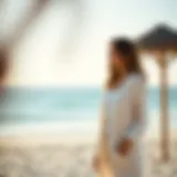 Elegant long summer cardigan in a serene beach setting