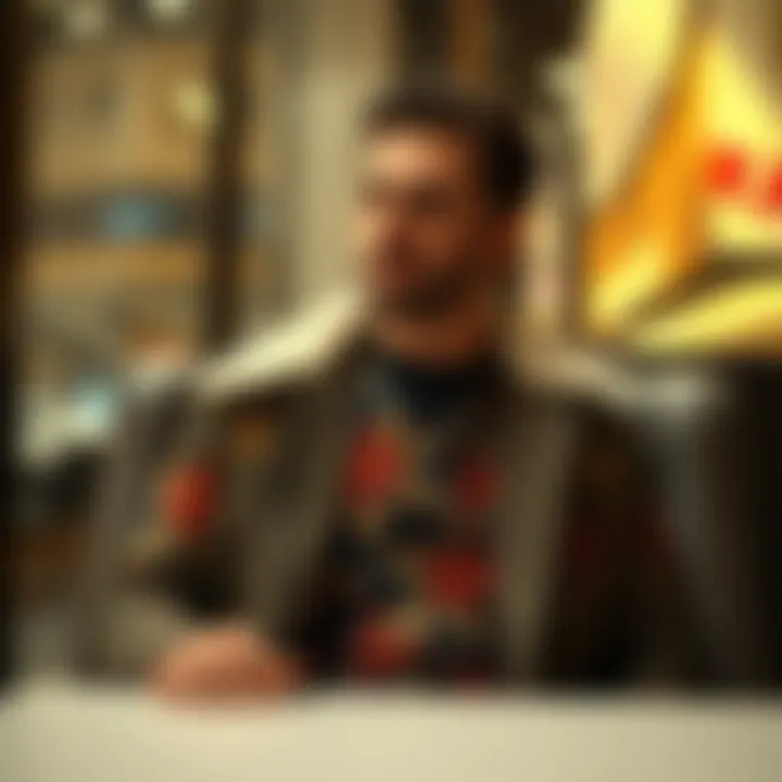 Man showcasing a printed jacket in a fashionable setting