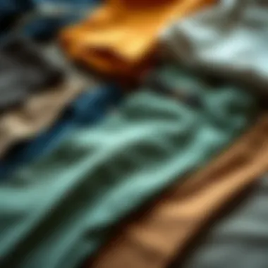 Different materials for 48 size trousers laid out aesthetically