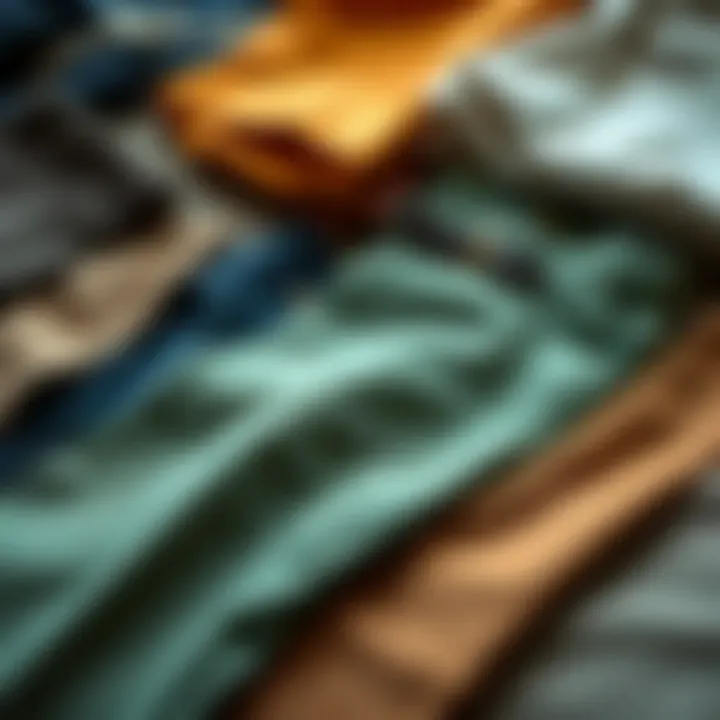 Different materials for 48 size trousers laid out aesthetically