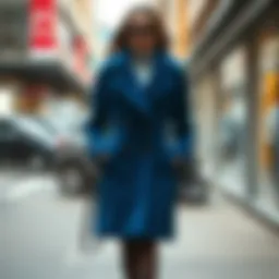Stylish blue winter coat displayed in a chic urban setting