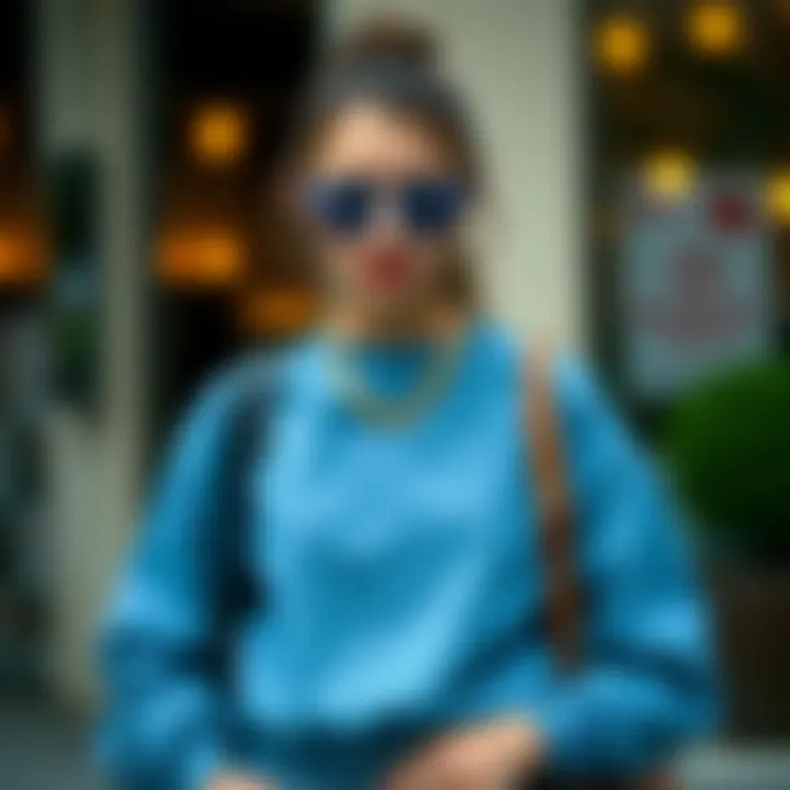 Stylish outfit featuring blue sweatshirt and accessories