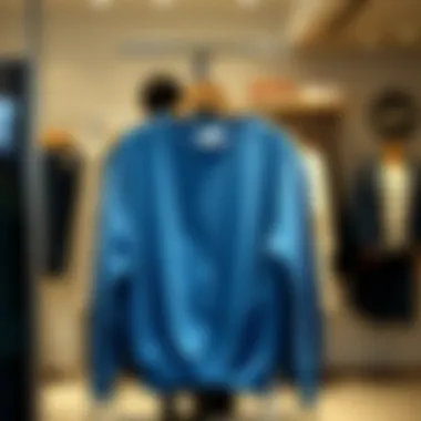Trendy blue sweatshirt displayed on a hanger with fashion elements