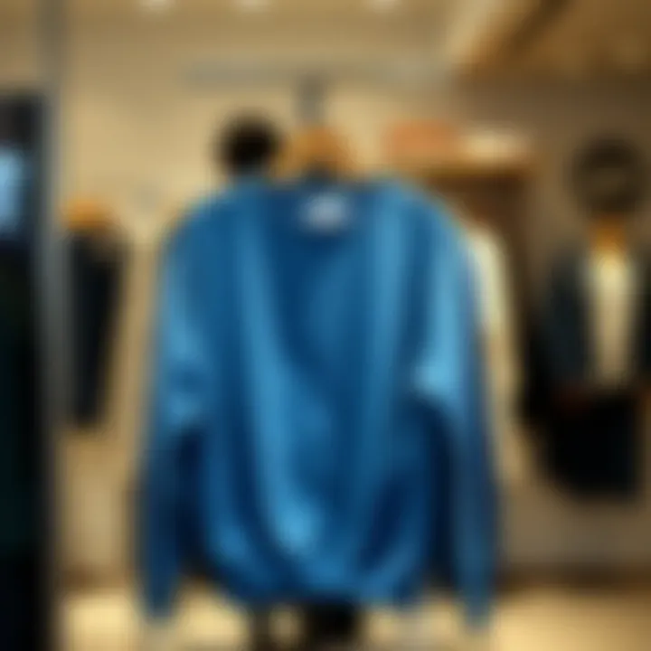 Trendy blue sweatshirt displayed on a hanger with fashion elements