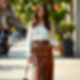 A stylish look featuring a midi leather skirt paired with a trendy blouse.