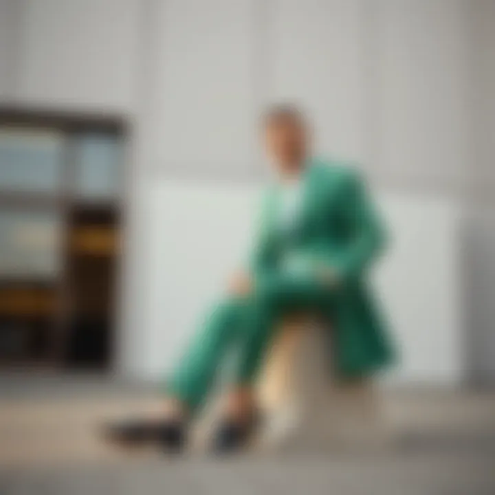 Modern green suit showcased with fashionable footwear
