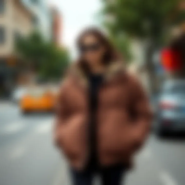 Oversized puffer jacket in urban setting