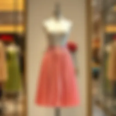 Elegant Display of a Pleated Skirt A stylish pleated skirt displayed on a mannequin in an elegant boutique.