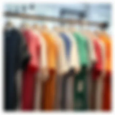 An array of cotton t-shirts in different colors and styles hanging on a rack.