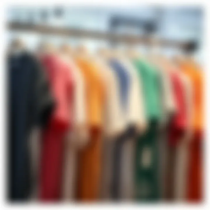 An array of cotton t-shirts in different colors and styles hanging on a rack.