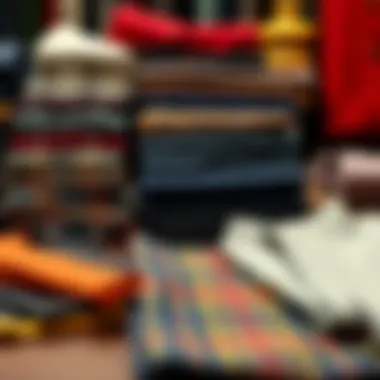 A diverse array of fabric swatches used for trousers and vests.