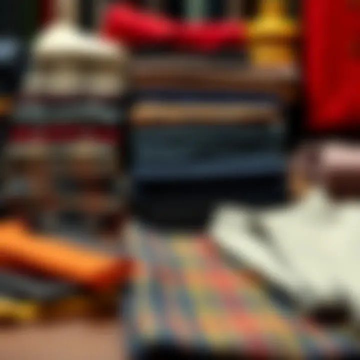 A diverse array of fabric swatches used for trousers and vests.