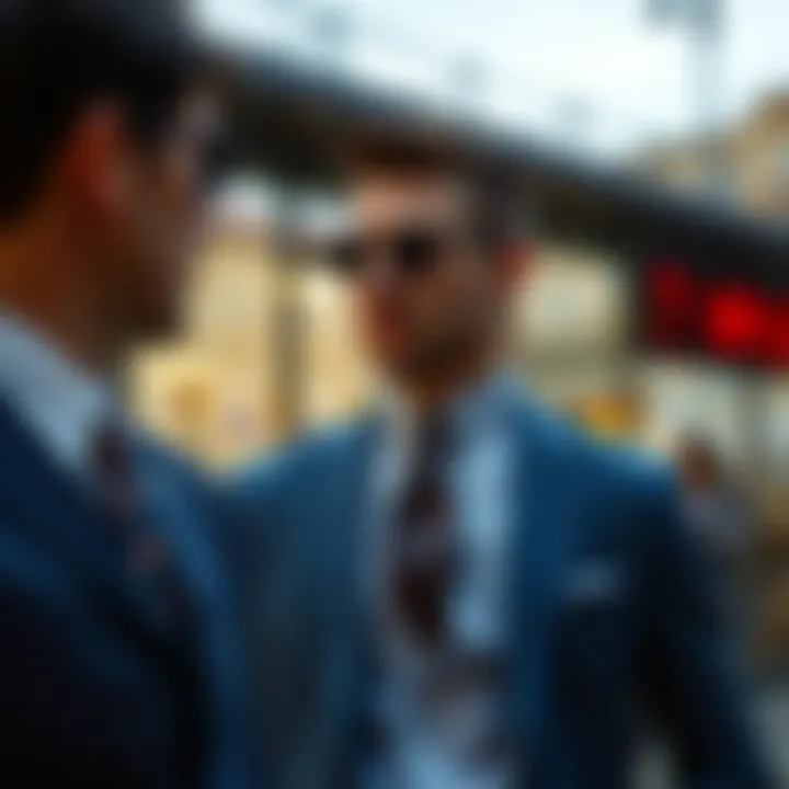 A fashionable scene showcasing parliament blue suits