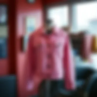 Vintage Pink Denim Jacket in Retro Setting Vintage pink denim jacket displayed against a retro backdrop