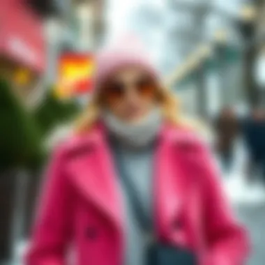 Fashionable outfit featuring a pink coat paired with winter accessories