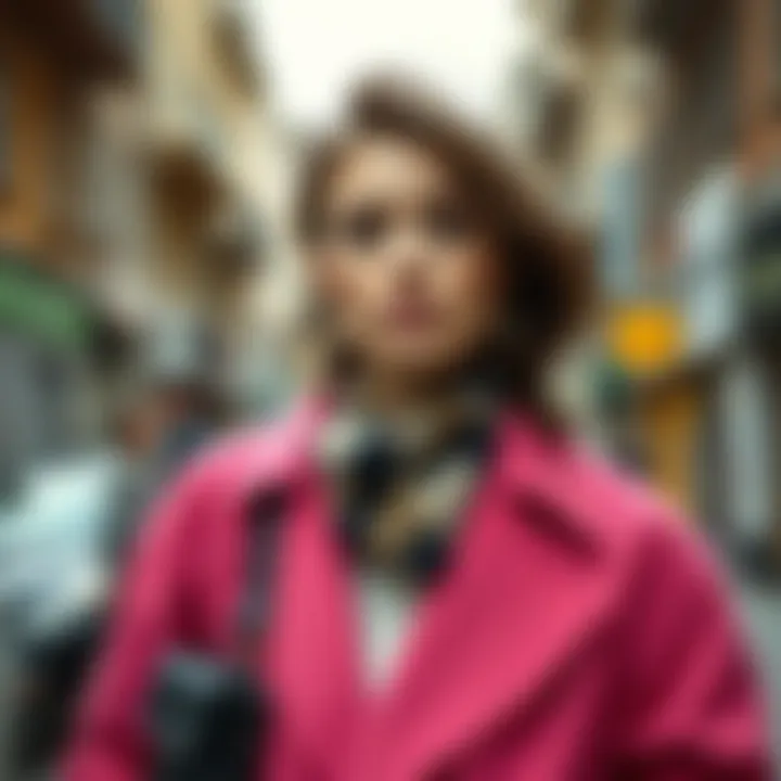 Sustainable fashion elements incorporated with a pink coat in an urban setting
