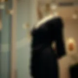 Elegant draped black dress on a mannequin showcasing pleated design