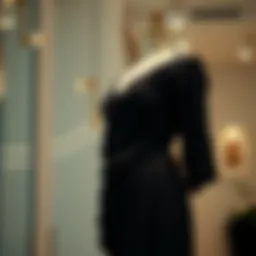 Elegant draped black dress on a mannequin showcasing pleated design
