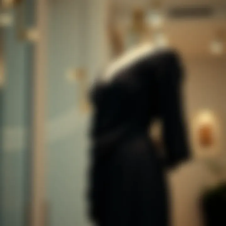 Elegant draped black dress on a mannequin showcasing pleated design