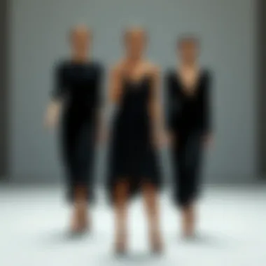 Various silhouettes of pleated black dresses suited for different body types