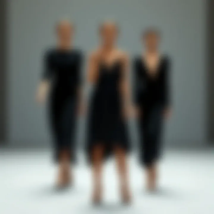 Various silhouettes of pleated black dresses suited for different body types