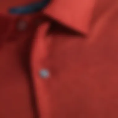 Close-up of the fabric texture of a red polo shirt, showcasing its quality.