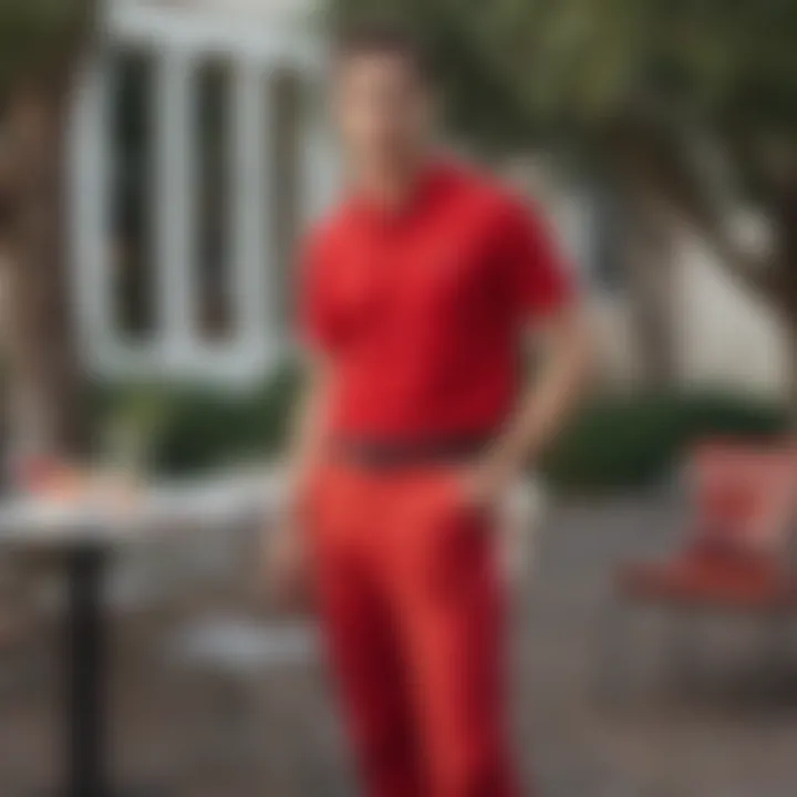 An elegant outdoor setting featuring a person wearing a red polo shirt with casual pants.